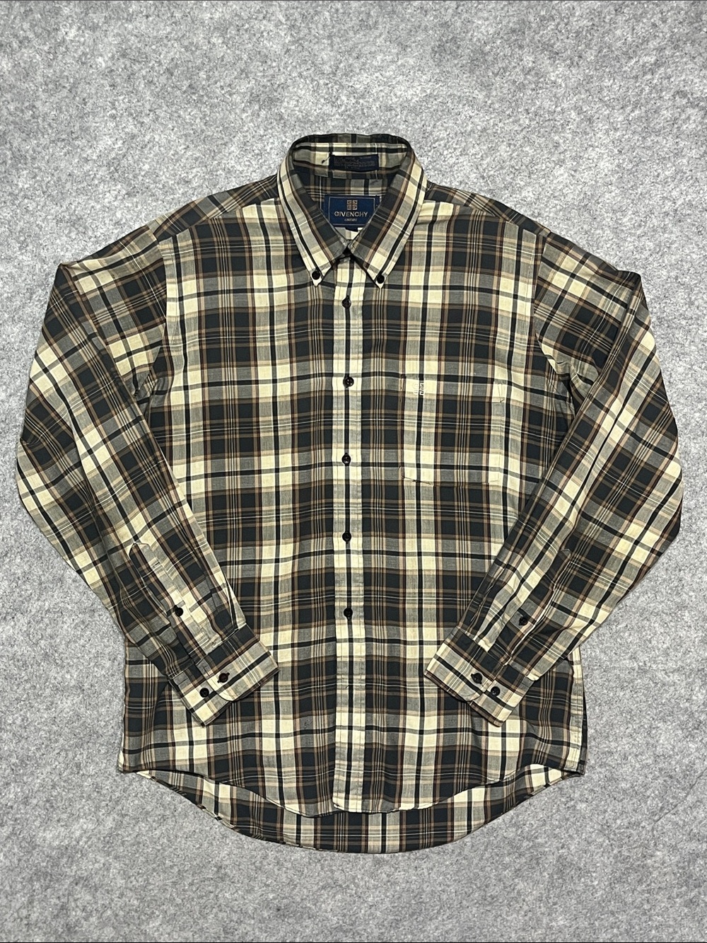 '70s Givenchy Men's Plaid Button-Down Shirt in Beige, Brown & Black